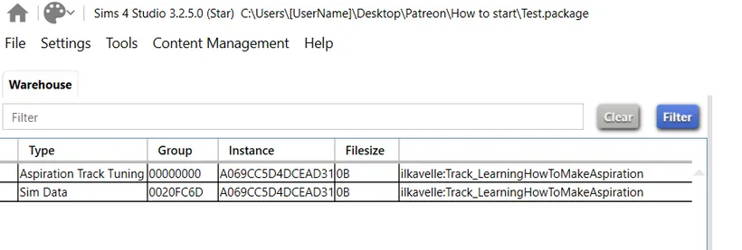 An example of newly created Aspiration Track Tuning with matching SimData
