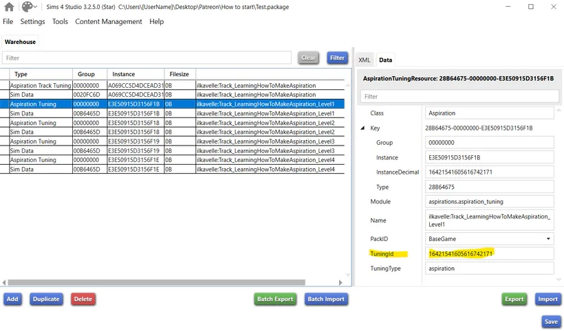 The Data tab of one of the Aspiration Track Tunings with the TuningID field highlighted