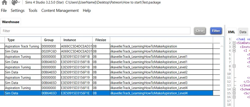 A package open in Sims 4 Studio with one Aspiration Track Tuning, four Aspiration Tunings, and one SimData for each