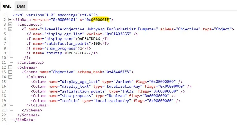 The SimData of an objective with the group ID highlighted