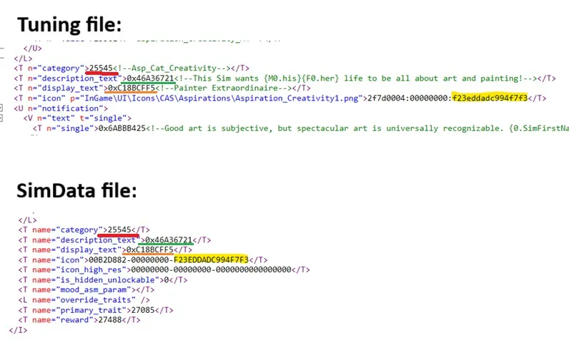 The parts of the tuning and SimData that indicate the category, display name, description, and icon