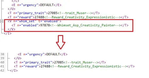 The part of the tuning that indicates the whim set, and the same tuning with the whim set removed