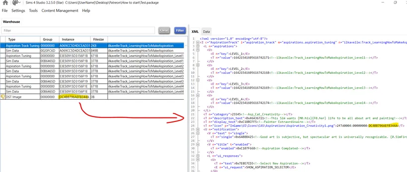 Aspiration Track Tuning with an instance highlighted in yellow, with a DST Image with the same instance at the bottom. A red arrow points from the image to the highlighted instance