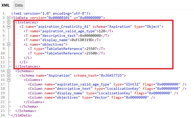 The SimData of an Aspiration Tuning, with the editable part in a red box
