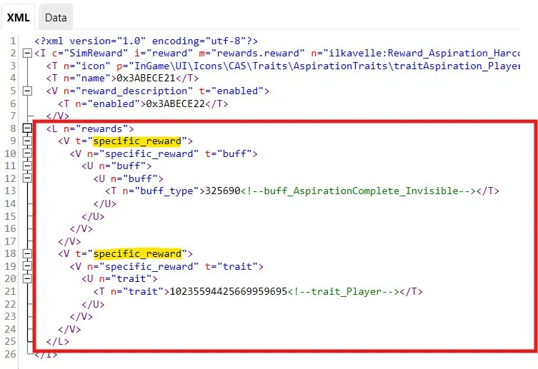 Reward Tuning that gives two specific rewards, a buff and a trait