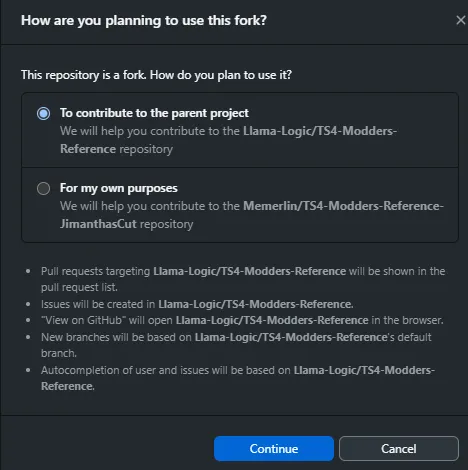 An image of a menu. The title is "How are you planning to use this fork?". Then it says "This repository is a fork. How do you plan to use it?". It presents two options, "To contribute to the parent project" and "For my own purposes". The highlighted option is "To contribute to the parent project".