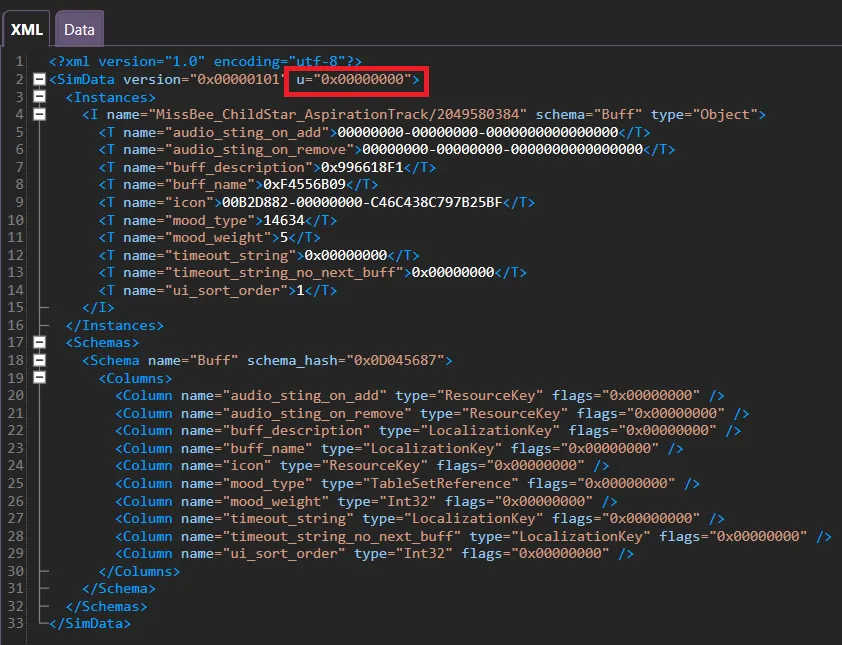 A SimData file, with the 'u' number in a red box