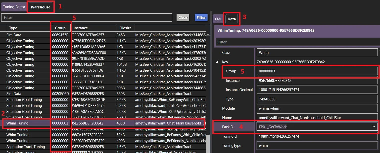 The Warehouse section of a package file open in Sims 4 Studio, with several things in red boxes, as described below.