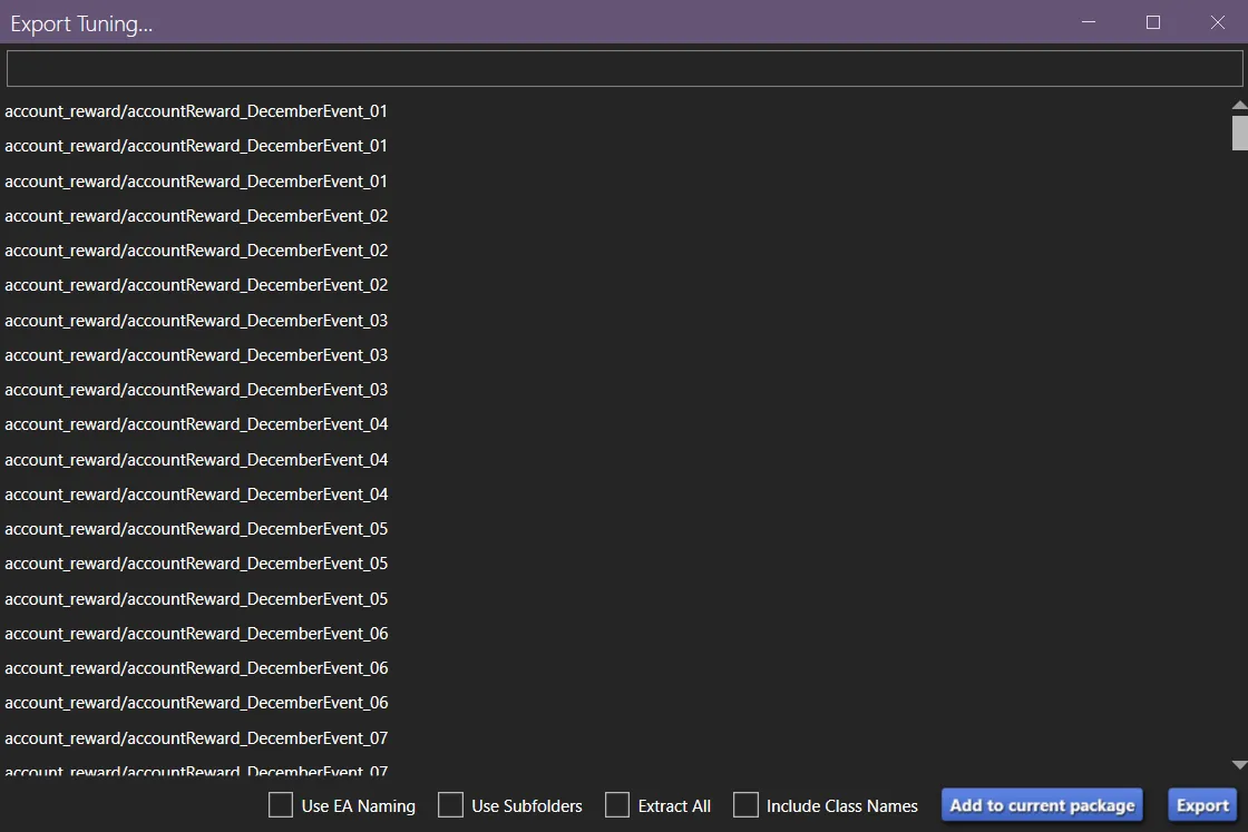 A window that says Export Tuning... at the top, with various files listed below, and check boxes and buttons at the bottom as listed below.
