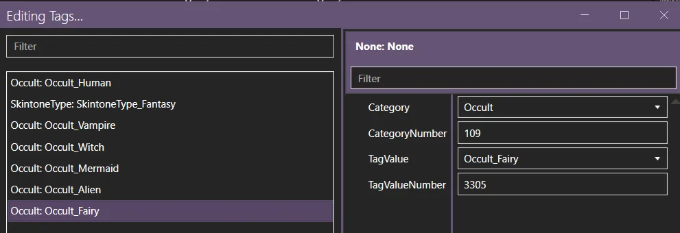 Part of the Editing Tags... windows, with the previous None: None tag changed to Occult: Occult_Fairy