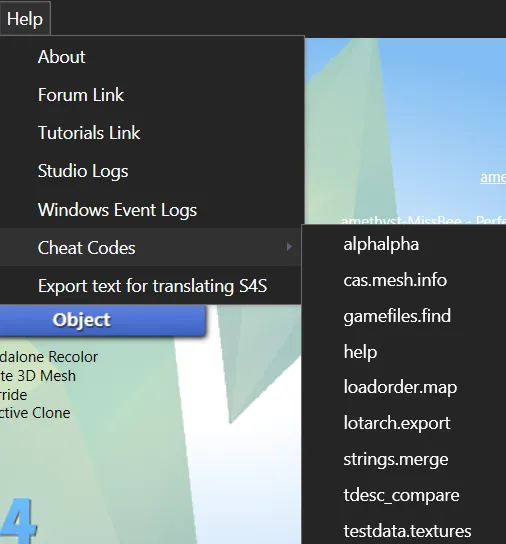 The Help menu of S4S, with the options listed below. The Cheats sub-menu is open to the right.