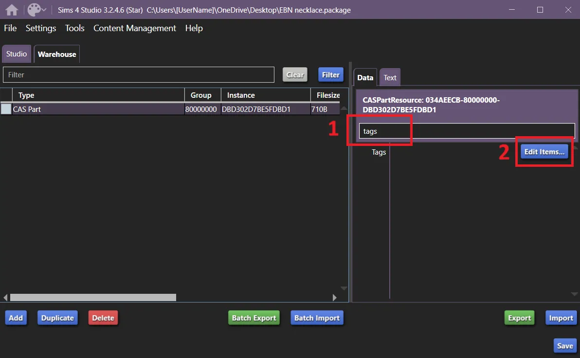 S4S with a package open with one CAS Part file. On the right the seearch bar has 'tags' entered and is in a red box next to the number one. Below, the Edit Items... box is outlined in red next to the number 2.