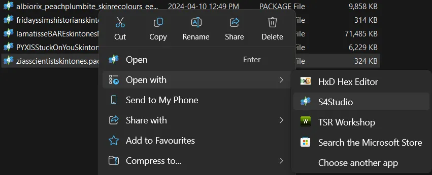 A series of skintone files are visible in the background. In front is the menu that appears when you right-click a file, with the Open With menu visible to the right. S4Studio is selected.