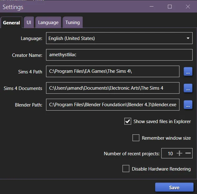 The Settings menu of S4S, open to the General tab
