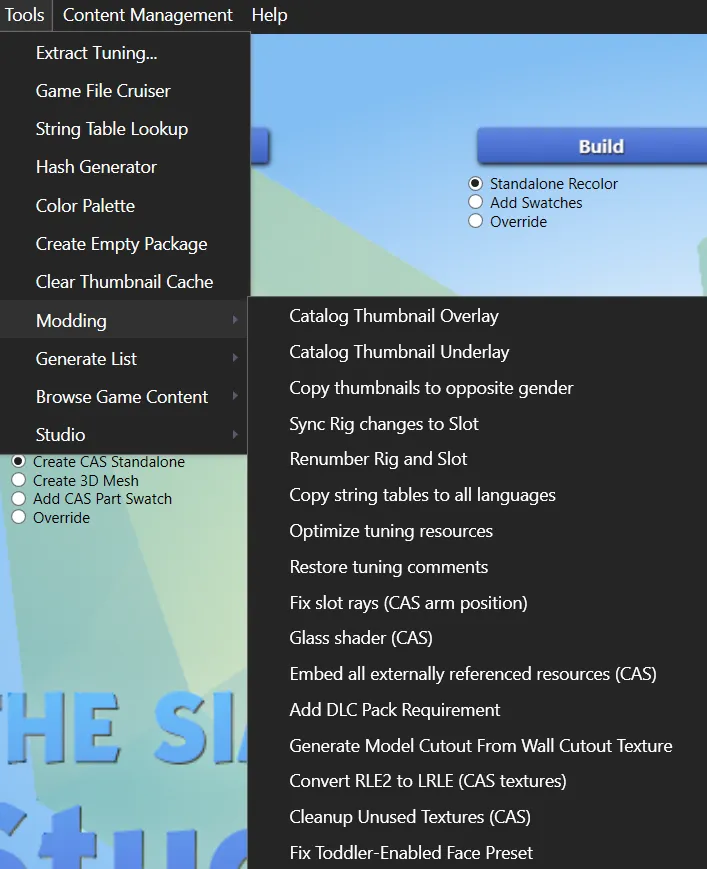 The Tools menu of S4S, with the options listed below. The Modding sub-menu is open to the right.