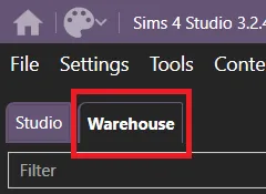 The top left corner of S4S with an open .package file. Warehouse is in a red box