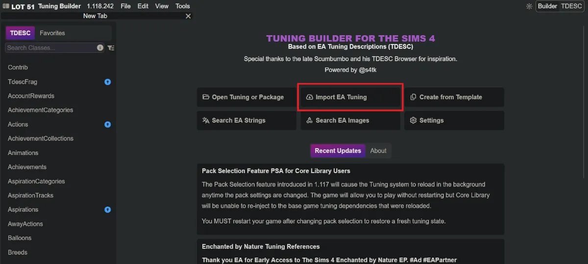 The main page of Tdesc Builder, with the Import EA Tuning in a red box near the center.