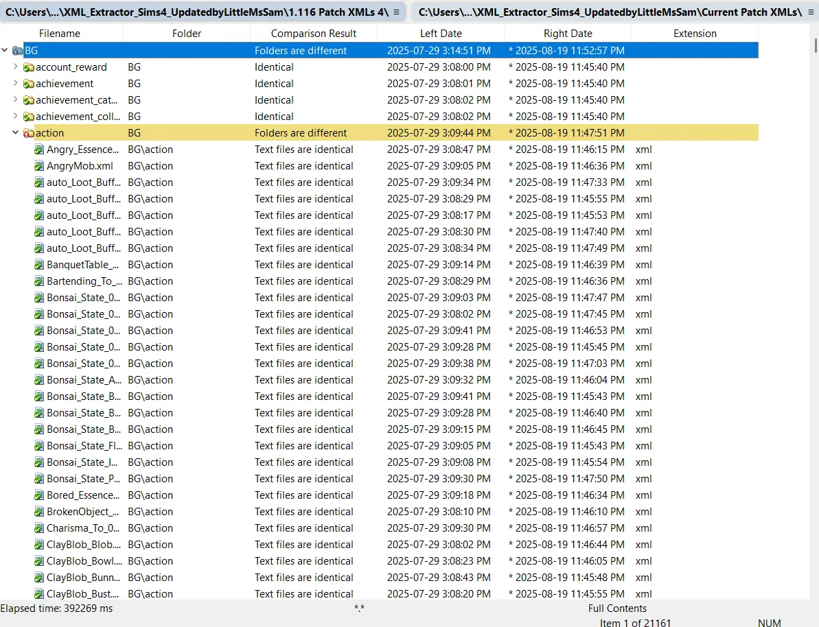 WinMerge&#x27;s initial comparison window on default settings, with two folder names at the top and columns below for File Name, Folder, Comparison Result, Left Date, Right Date, and Extension. In the columns are folders and files in the BG folder. The action folder is highlighted in yellow, indicating that there are differences in that folder.
